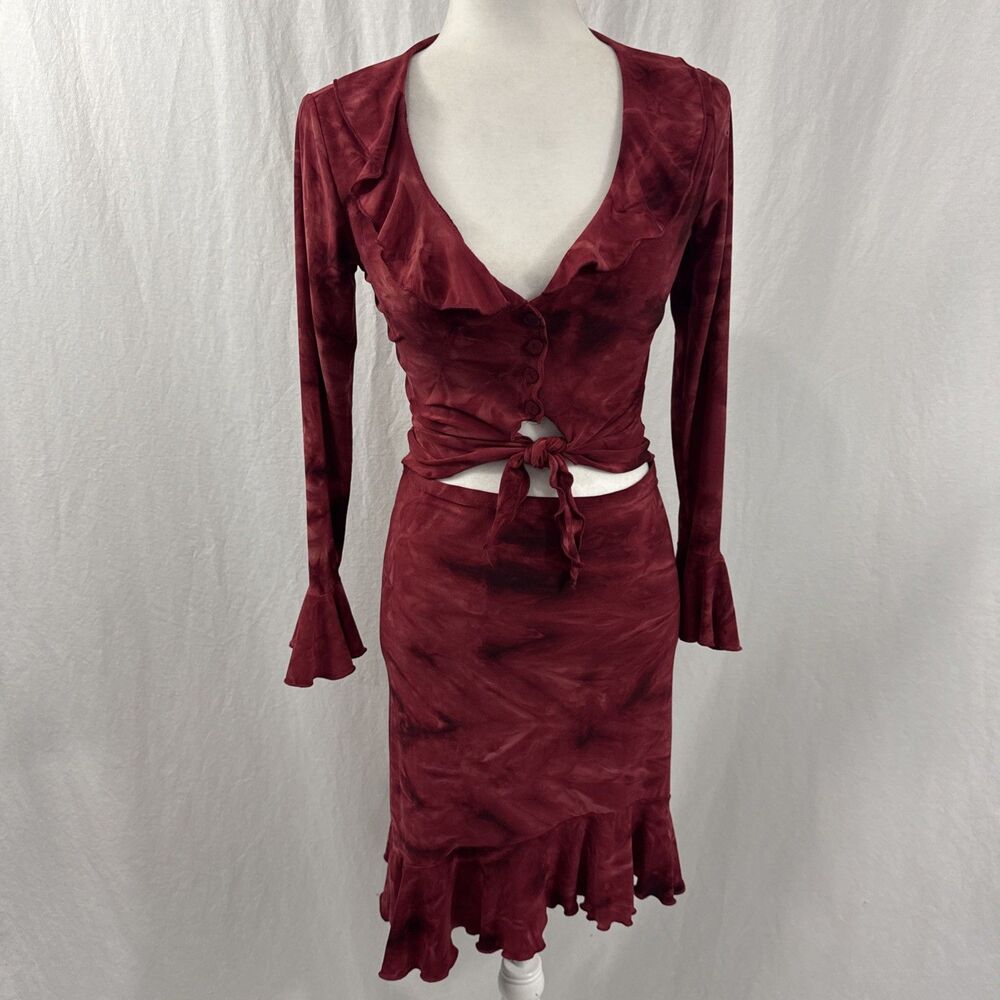 Y2K Vintage Red Flare Ruffle Whimsy Top Asymmetric Skirt Set Womens Sz S